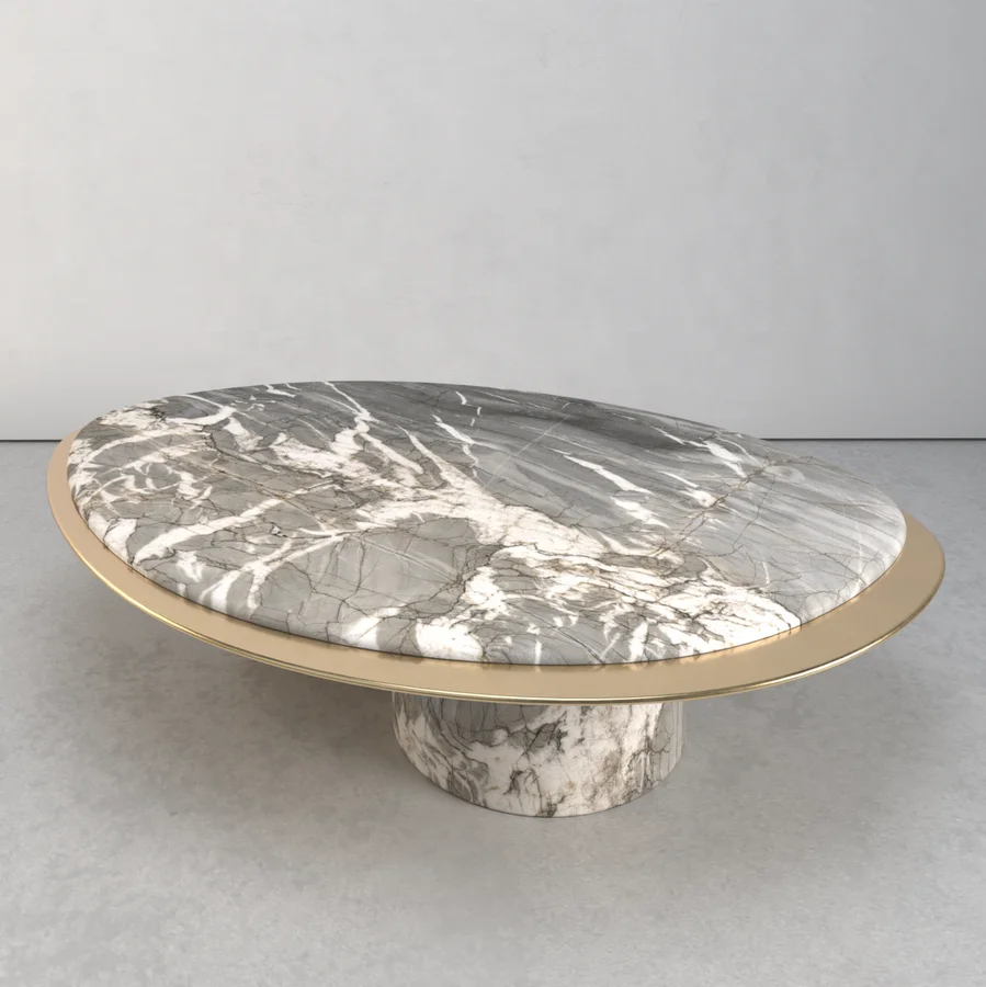 # Mesa de Centro Moderna de Lujo con Diseño de Hoja Ovalada en Mármol Calacatta Viola, Mesa de Té Grande Nórdica Dorada para Sala de Estar u Oficina