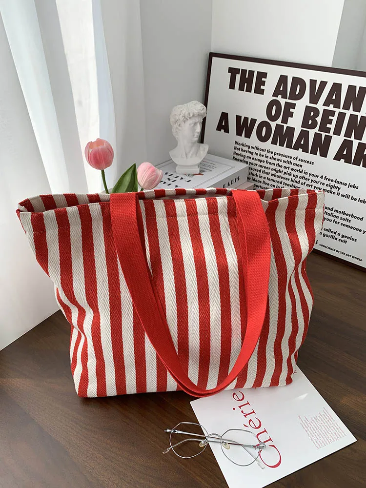 Retro Canvas Stripe Canvas Tote Bag Zipper Large Capacity Shoulder Bag Korean Style Multi-function Shopping Handbag All-match