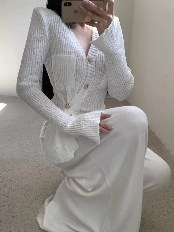 Cardigan aperto lavorato a maglia V-Ne sexy slim fit da donna Maglione con bottone singolo Capispalla lungo Sve Abbigliamento autunnale