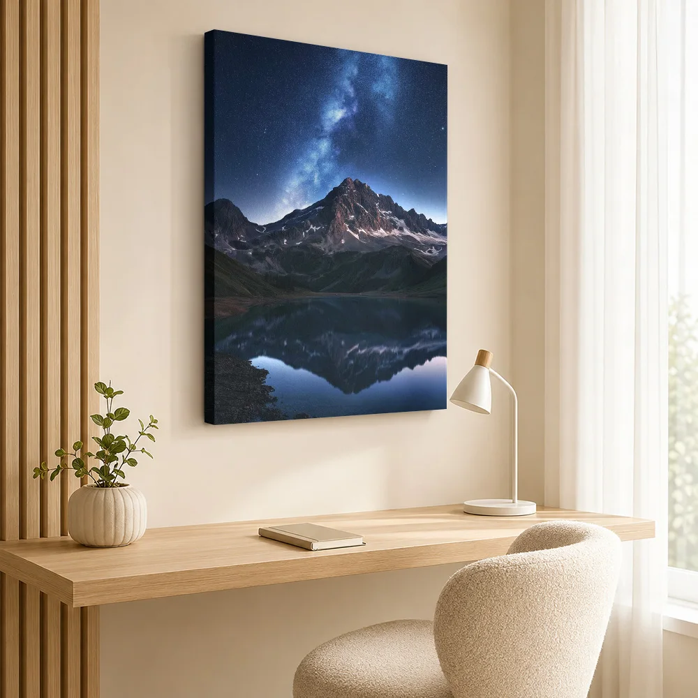 Milky Way Over Mountain Lake Framed Canvas Print Personalized Photo Detailed Realistic Composition Wall Art For Sitting Room