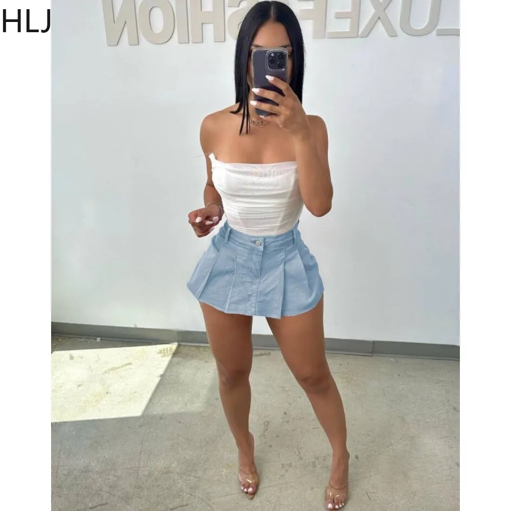 HLJ Y2k Denim Mini Skirts Women Summer Solid Color Pleated Skirts Shorts Ball Gown Skirts Jeans Female Casual A-line Mini Skirts