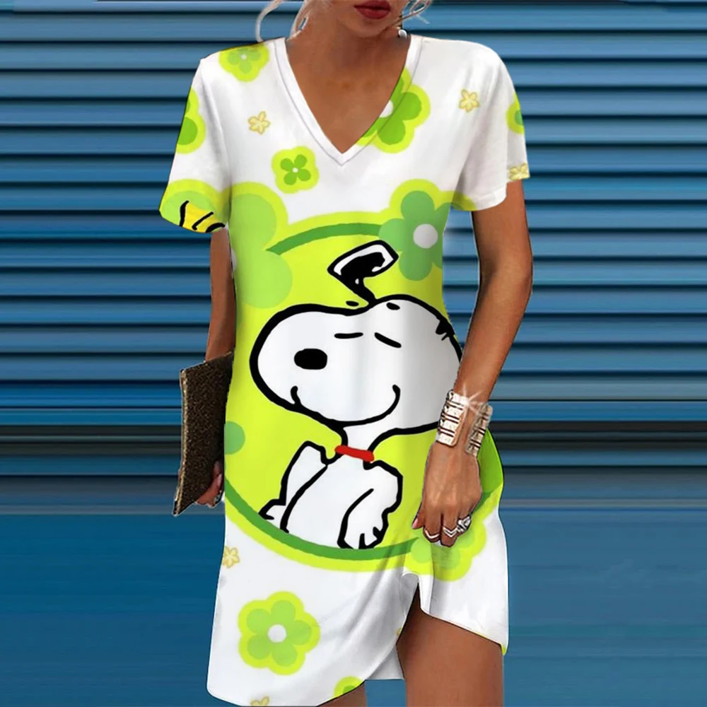 Disney Snoopy A-line V-neck Dresses For Woman Summer 3D Print Clothing Cartoon Women\'s Beach Dress Cute Sexy Beach Cool Top