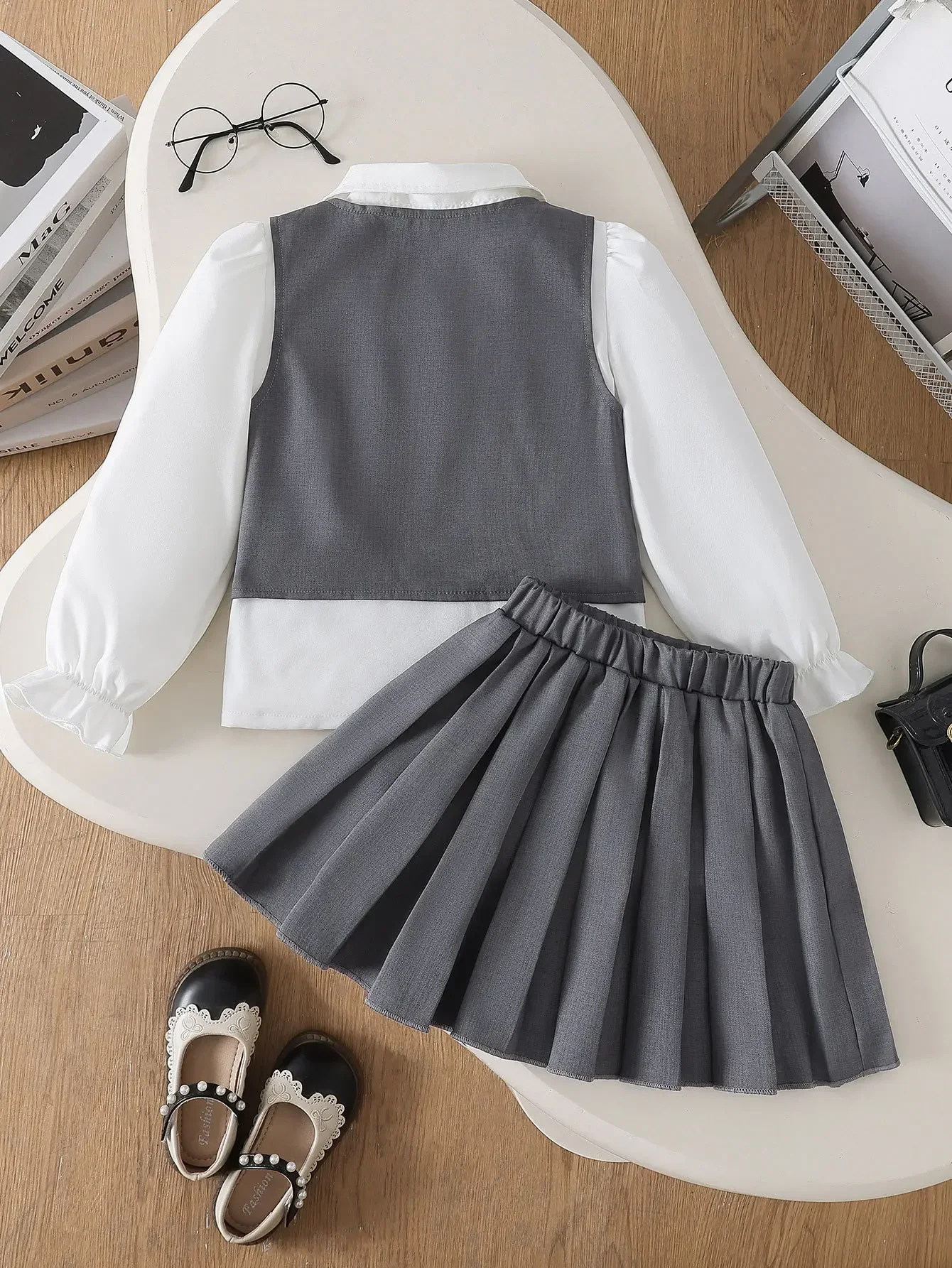 

3-6Y Kids 3Pcs Sets Vest + Long Sleeve Shirt + Pleated Skirt Outfit 2025 Children Girl Korean Preppy Uniform Casual Clothes