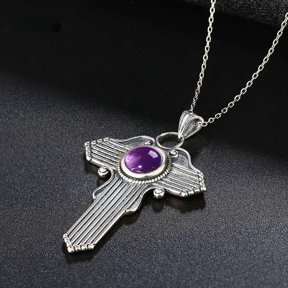 

Jewelry S925 Sterling Silver Pendant Necklace Round 8MM Natural Amethyst Cross Pendant Necklace Women's Gifts Wholesale Party