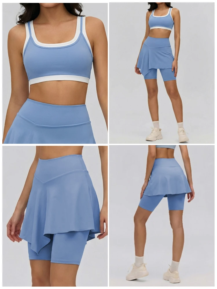 VITALINOVO Damen 2-teiliges Tennisrock-Set Hochgeschnittenes Rüschen-Golf-Outfit Skort Quadratischer Ausschnitt Sport-BH Athletisches Kleid Pickleball – Detail 6