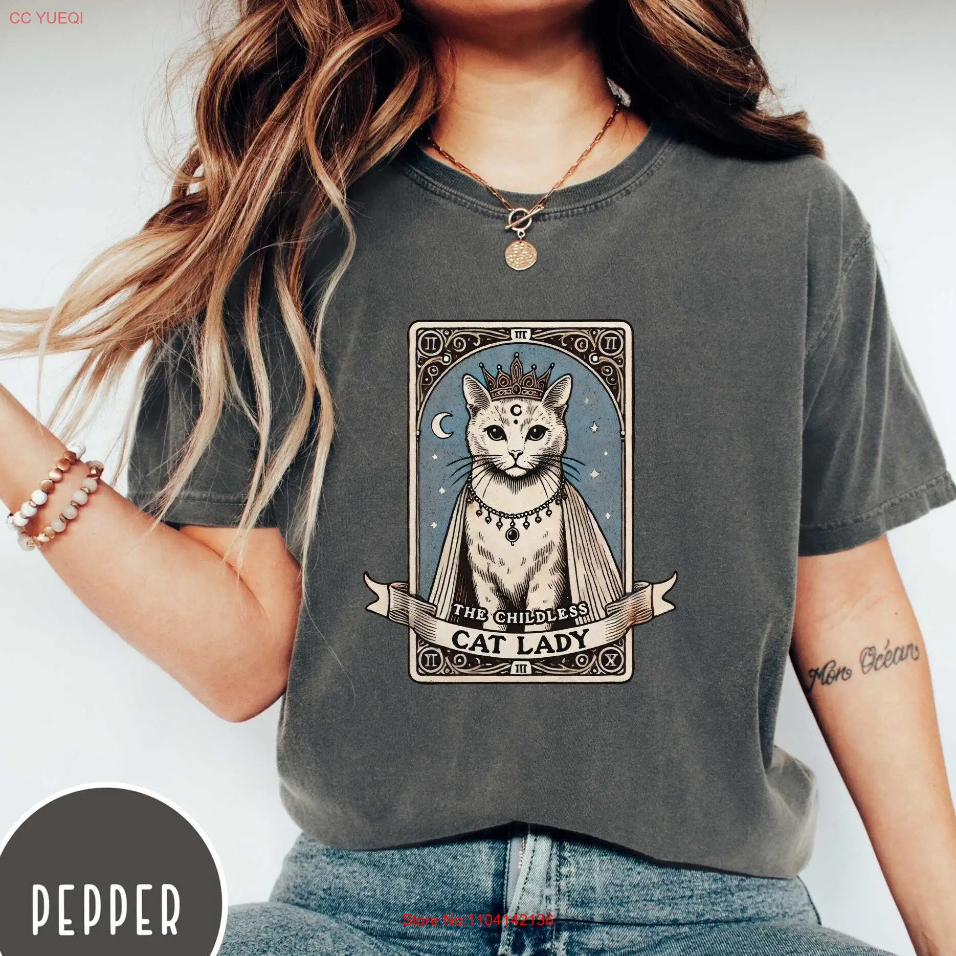 تي شيرت سيدة القطة بدون أطفال بألوان مريحة تي شيرت بطاقة التارو عاشق FeminisT 2024 الانتخابات كامالا هاريس ED103