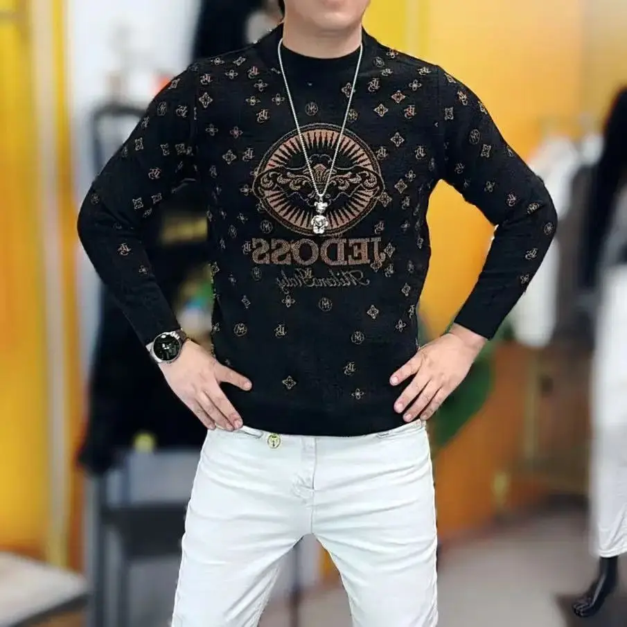 

Slim Fit Men's Knitted Sweater Trendy Print High Quali Autumn Winter New Sle Versatile ular Internet Celebri Sle Top
