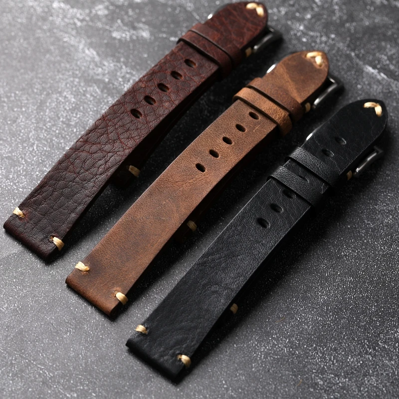 Vintage Handmade Genuine Leather Watchband 18 20 22MM Old Brown Black Soft Men's Watch Strap image 6