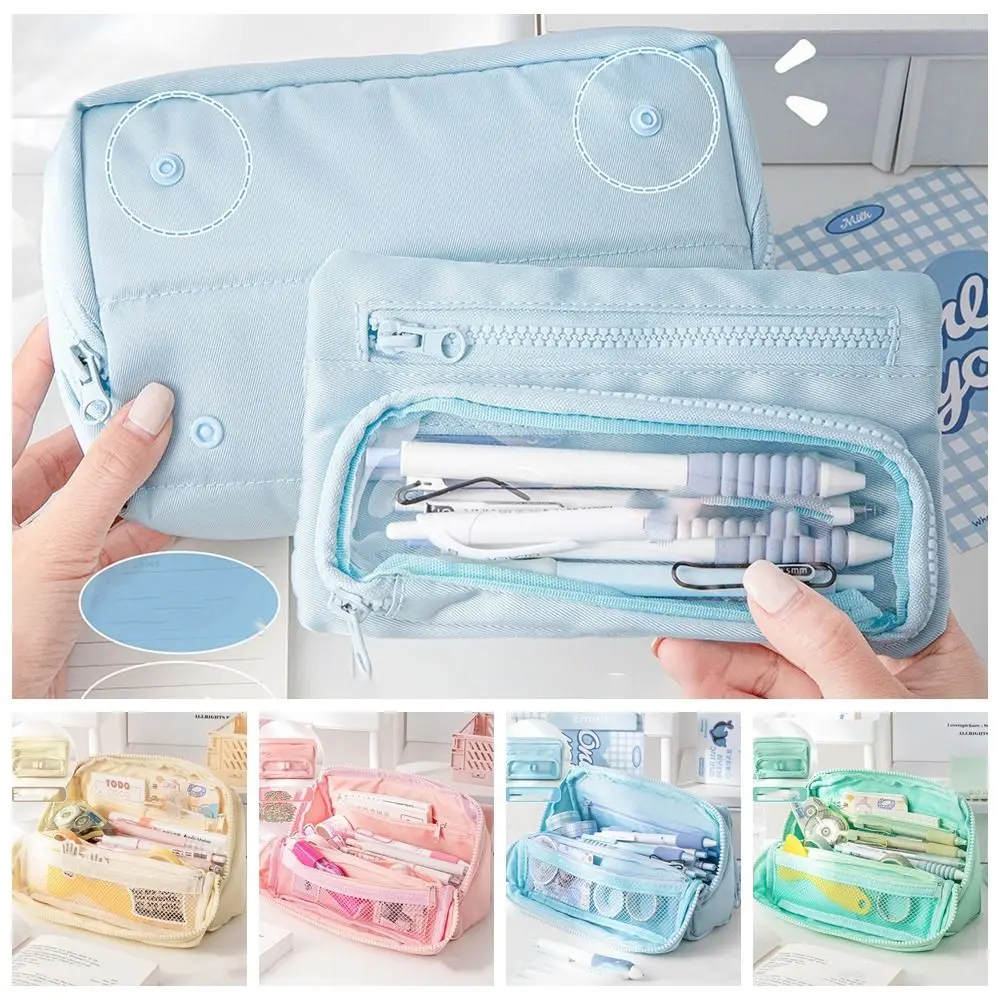 

Plastic Zipper Cream Pencil Case Three Layers High Capacity Large Capacity Pen Bag Simplicity Sweet Multilayer Flip Pen Bag