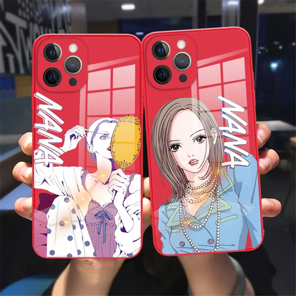 Cute Japanese anime NaNa osaki Phone Case For iPhone 11 12 13 14 15Pro Max 12 13 Mini Luxury Red Tempered Glass reflective case