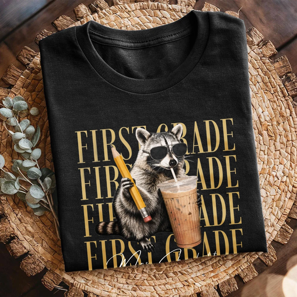 Raccoon First Grade Teacher Unisex Tee Trendy Cotton Tops Funny Back To School Slogan Streetwear Casual Tshirt