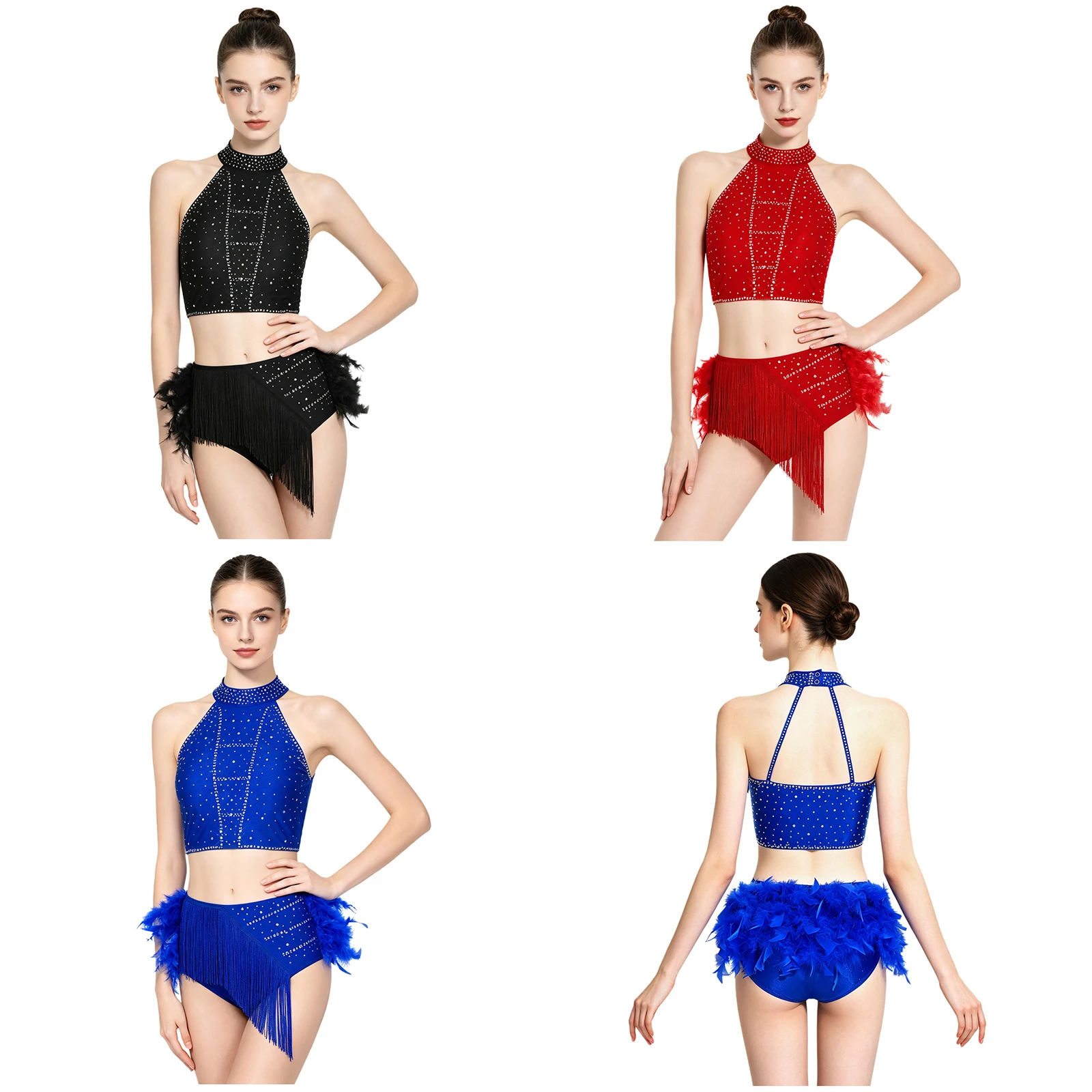 Women Rhinestones Latin Dance Crop Tank Top with Tassel Feather Briefs Figure Skating Cha-cha Samba Rumba Tango Salsa Dancewear