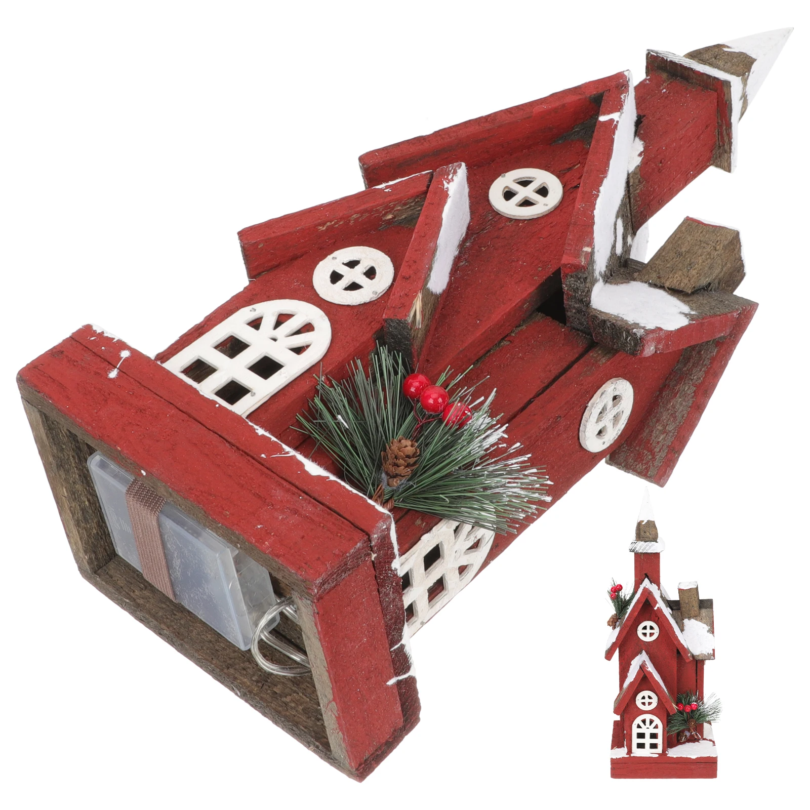 

Farmhouse Christmas Decor Red Glowing Cabin Retro Tree Lights Mini Wooden Holiday