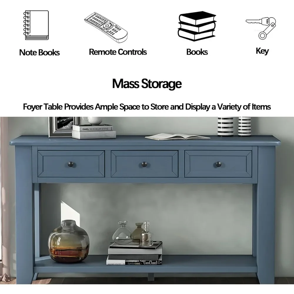 Console Table with Drawers and Long Shelf, Storage Cabinet Sofa Table with Round Handles