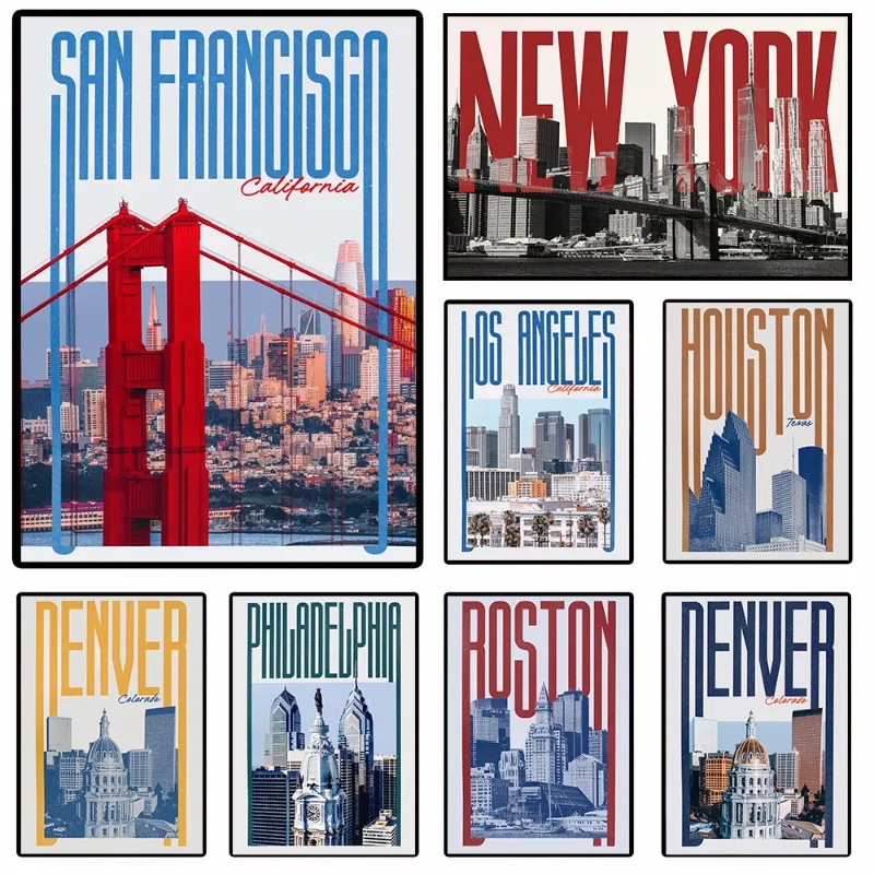 Vintage City Travel Landscape New York Chicago Boston Los Angeles Skyline Poster Trendy Aesthetic Canvas Picture Wall Home Decor