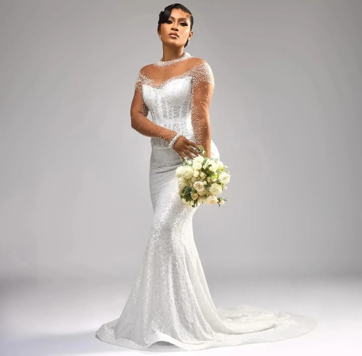 2026 خمر الوهم مطرز حورية البحر فستان الزفاف مع كم طويل زر الظهر مشد ذيل السمكة فستان زفاف الدانتيل