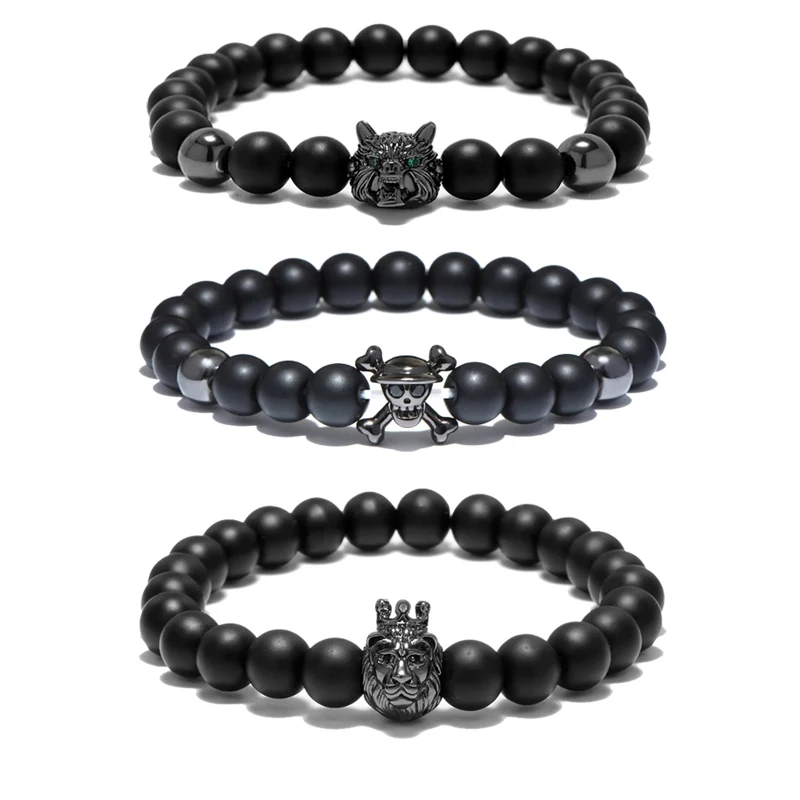 New Pirate Skull Bracelet Men 8mm Black Onyx Beaded Braslet Gothic Wolf Animal Braclet Male Accessories Gift For Boyfriend Joias