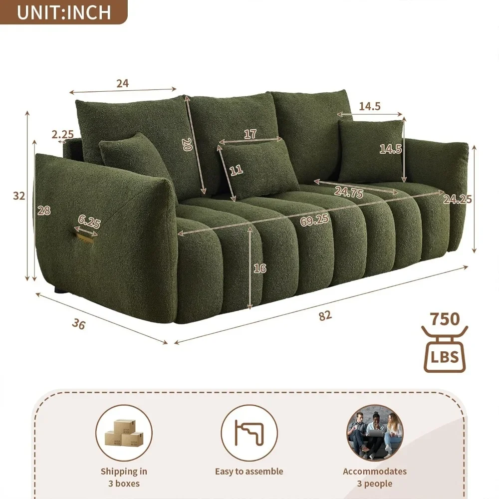 Sofá de 82", sofá confortável em nuvem de pelúcia com assento profundo, sofá estofado de 3 lugares, loveseat grande