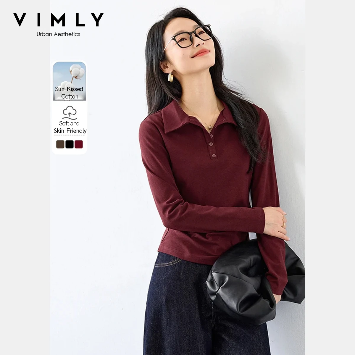 

VIMLY, корейские модные стильные футболки для женщин, осень 2023, футболки с воротником-поло с частичными пуговицами, однотонные женские топы с длинными рукавами M8783