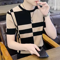 Summer New Men Short Sleeve T-shirt Korean Youth Contrast Print Plaid Stripe Patchwork Crew Neck Loose Casual Versatile Thin Top