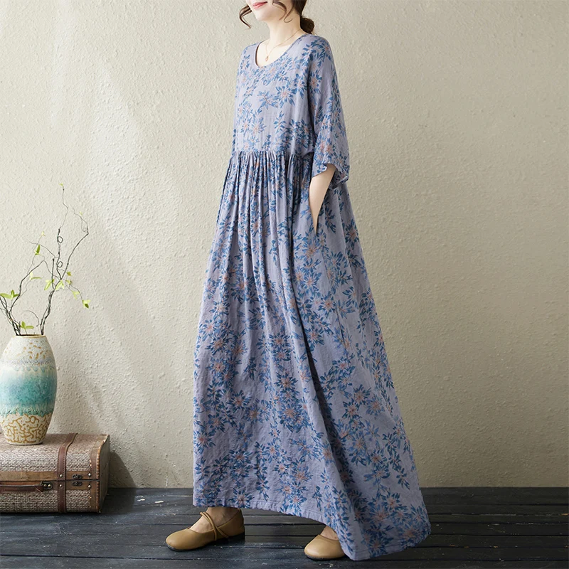 Estate Nuovo Plus Size Donna rotonda Ne ort Sve Stampato Dr Etnico Sle Loose Fit Dimagrante A-Line Midi Dr per la mamma