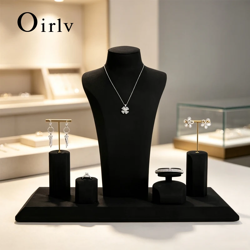 Oirlv Black Microfiber Jewelry Window Display Set Props with Metal Jewelry Display Rack for Necklace Earrings Bangle Ring