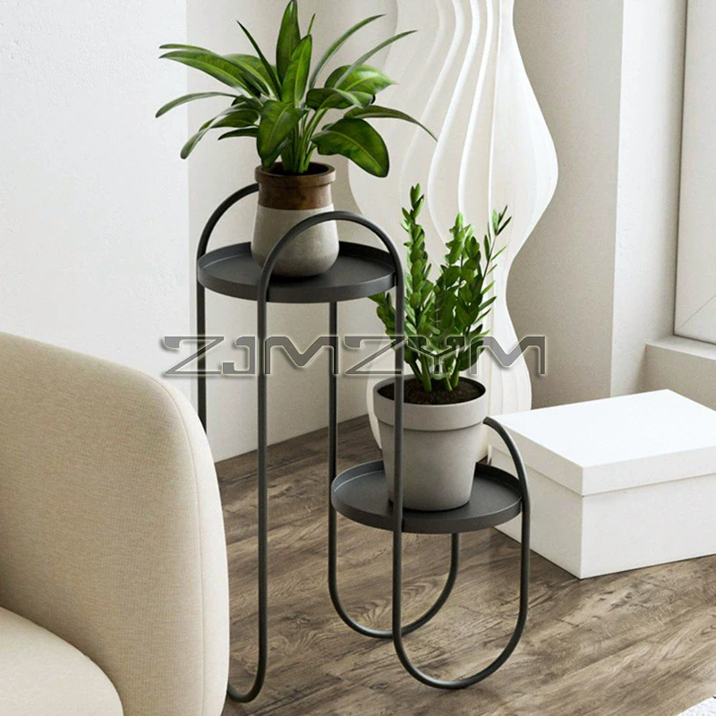 2 계층 북유럽 현대 철 바닥 식물 스탠드 화분 홀더 거실 발코니 블랙 금속 꽃 디스플레이 선반