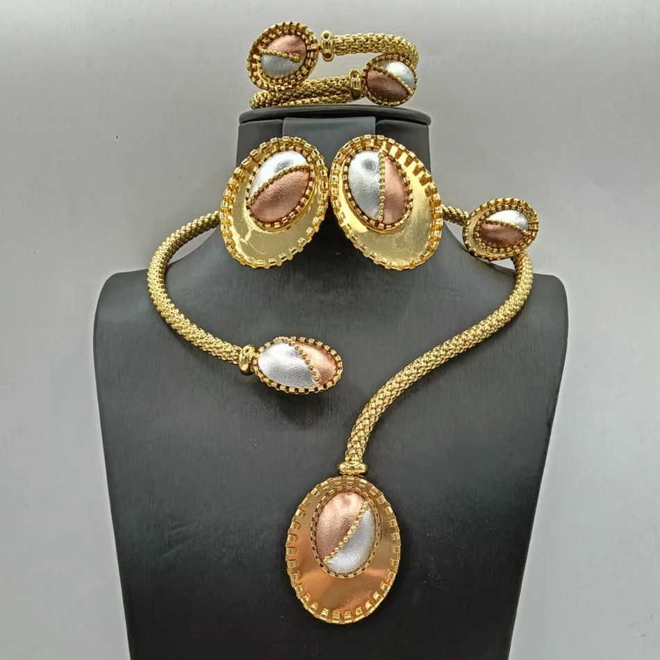 Vintage Dubai Chunky Oval Jewelry Set for Women Gold Brushed Necklace Earrings Bracelet Ring Statement Bridal Party Wedding New