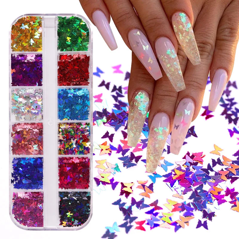 Sparkly Butterfly Nail Sequins, Espelho Paillette, Cores Misturadas, Nail Holographics Glitter, 3D Flocos Fatias, Spangle