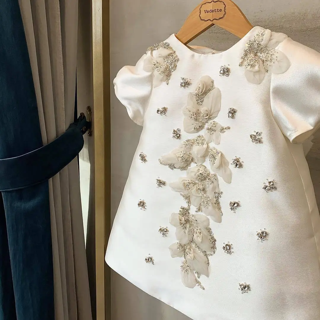 

Baby Girl Princess Flower Lace Silk Dress Puff Sleeve Children Party Birthday Baby Clothes Vestido