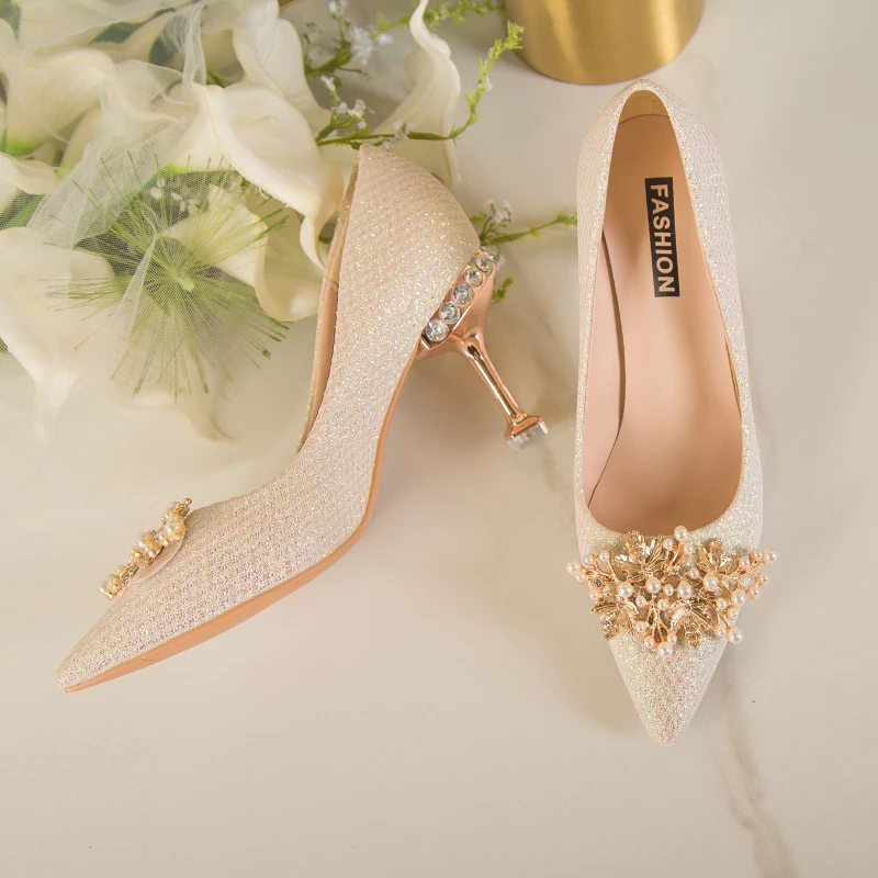 Spring Casual Wedding Bride Rhinestone Gold Fashion High Heels Metal Buckle Sexy Work Shoes 7cm Large Size Female Shoe High Heel