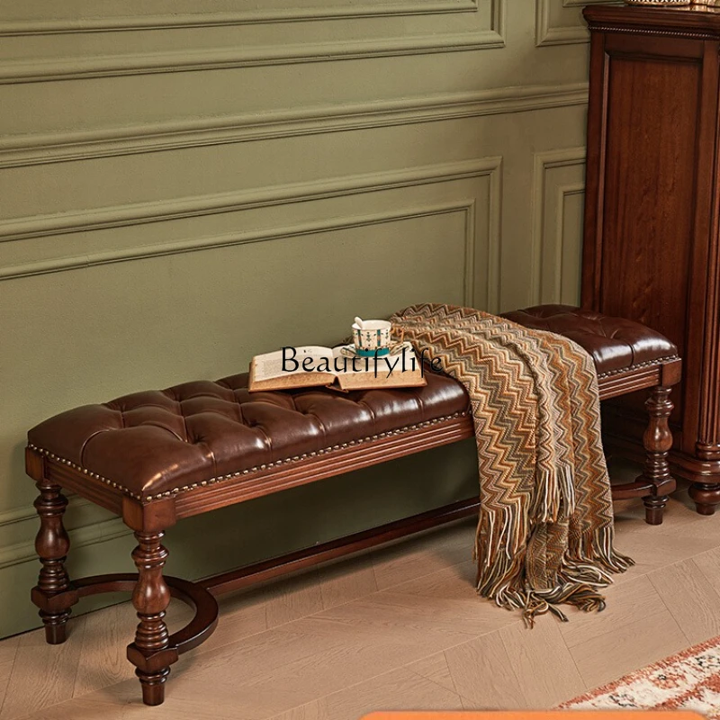 

4American neoclassical gold silk teak all solid wood bedside stool long strip cowhide soft bag stool