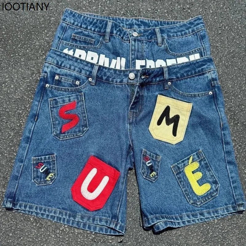 Vintage Letter Stitching Women's Men's Short Jeans Y2k Hip Hop Fake Two-piece Denim Shorts Loose Street Gothic Rock Clothing