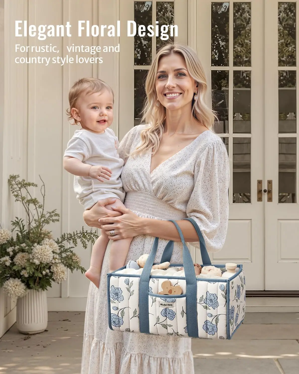 Blissful Diary Floral Diaper Caddy Organizer Stylish Nursery Storage Basket, Gift for Baby Shower, Newborn Essentials Peony Blue
