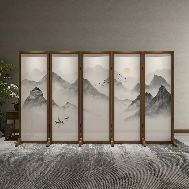 Chinese solid wood screen folding mobile living room entry door partition block hotel simple modern landscape folding screen