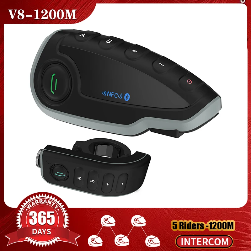 

V8 Motorcycle Bluetooth Headset 1200M Group Intercom Full Duplex For 5 Riders Waterproof Support NFC + FM Radio