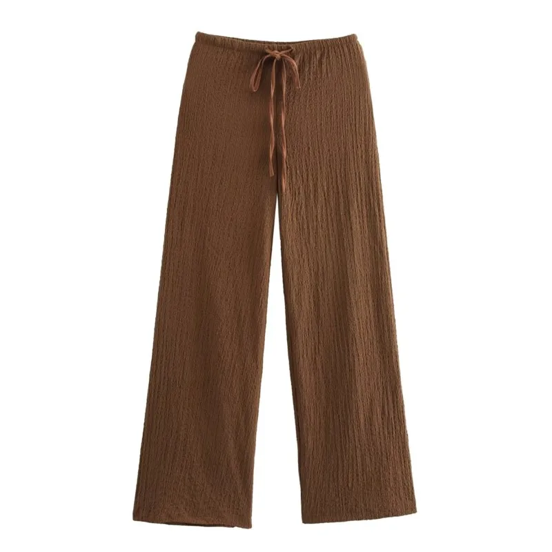 

Women Textured Straight Fit Trousers High Waist Elasticated With Adjustable Drawstrings +V-Neck Single Breasted Texture Vest Top