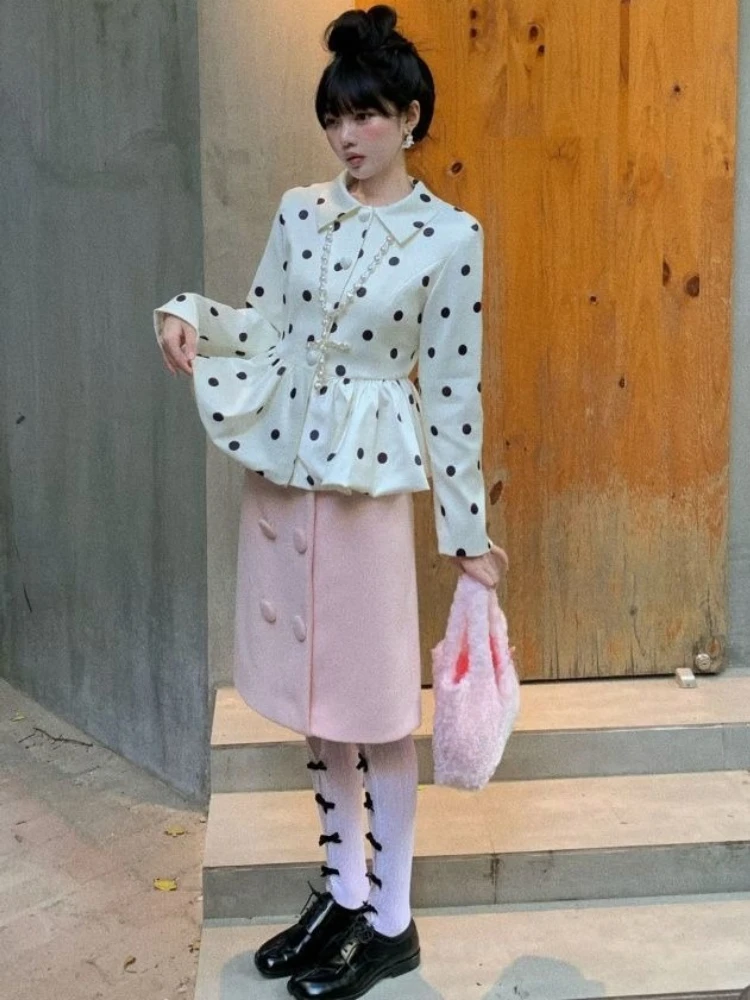 

Новинка 2026: Японский милый комплект из 2 предметов для женщин – блузка в горошек + юбка миди с высокой талией. Элегантные модные наряды в стиле Харадзюку.