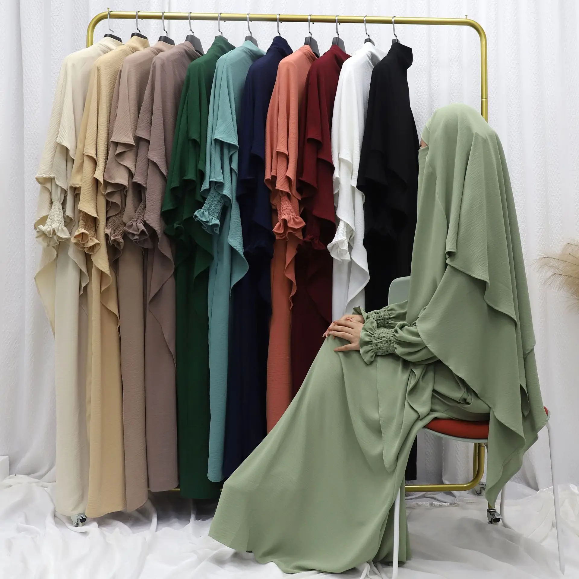 2024 Solid Colour Dress with Hijab Set 2 Piece Muslim Dress Women Dubai Luxury Wholesale Prayer Jilbab Islamic Clothing