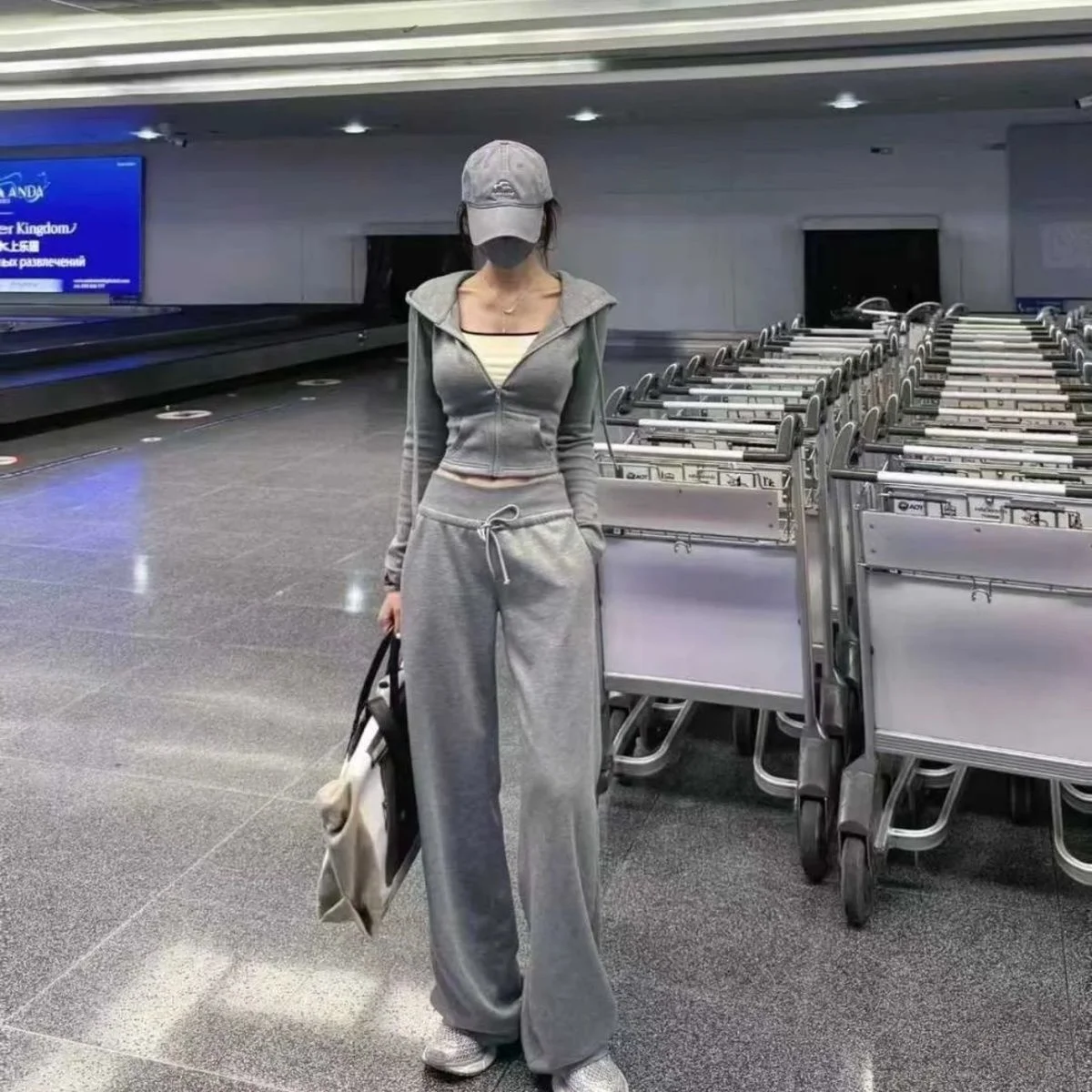 Women's Grey Y2K Edgy Tracksuit Set-Wide Leg Drawstring Pants & Lace-Up Back Hooded Top Slim-Fit Casual Streetwear Spring Autumn