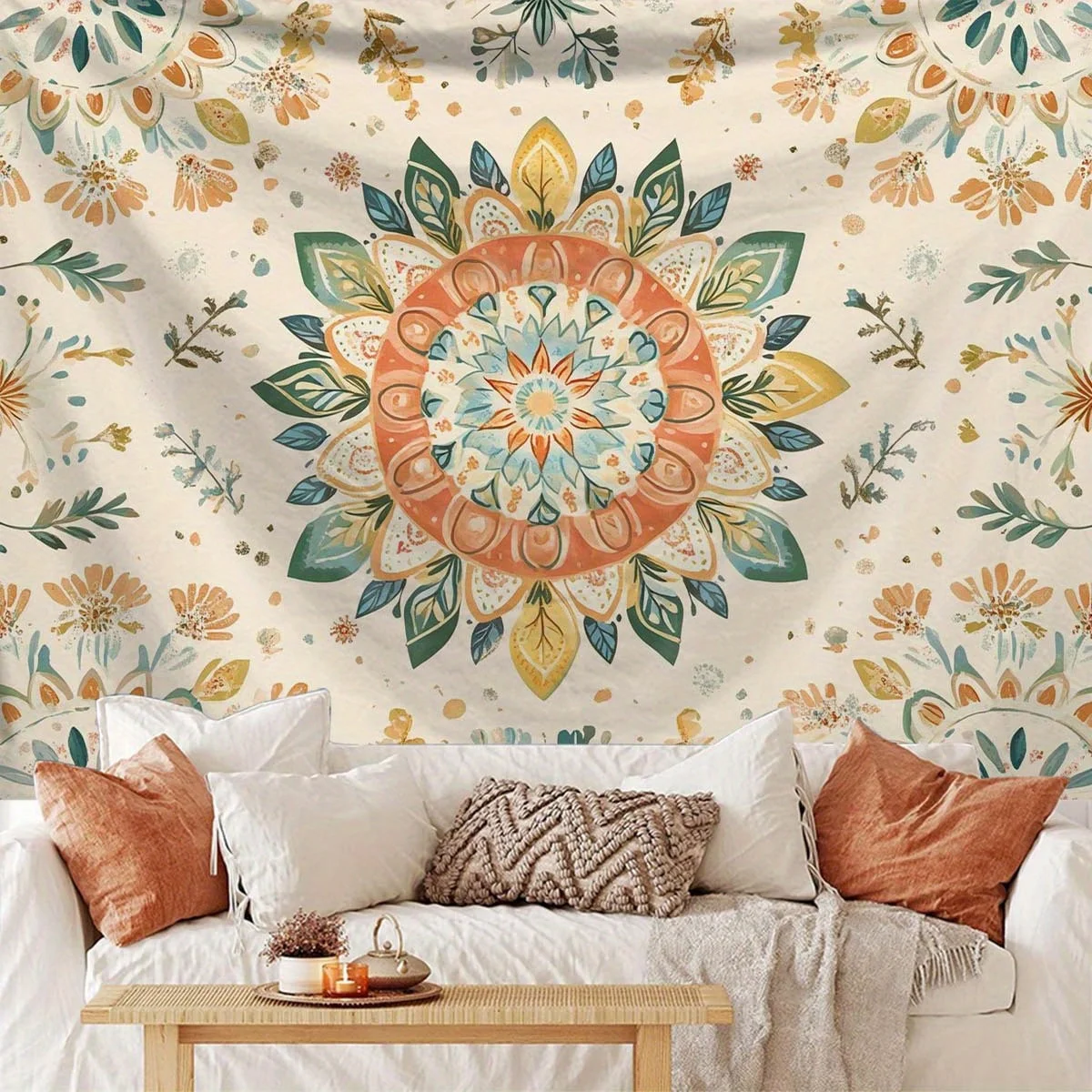 1pc Bohemian Mandala Wall Tapestry - Vibrant Floral Print Design in Orange, Blue, Green & Yellow,Perfect for Living Room Decor