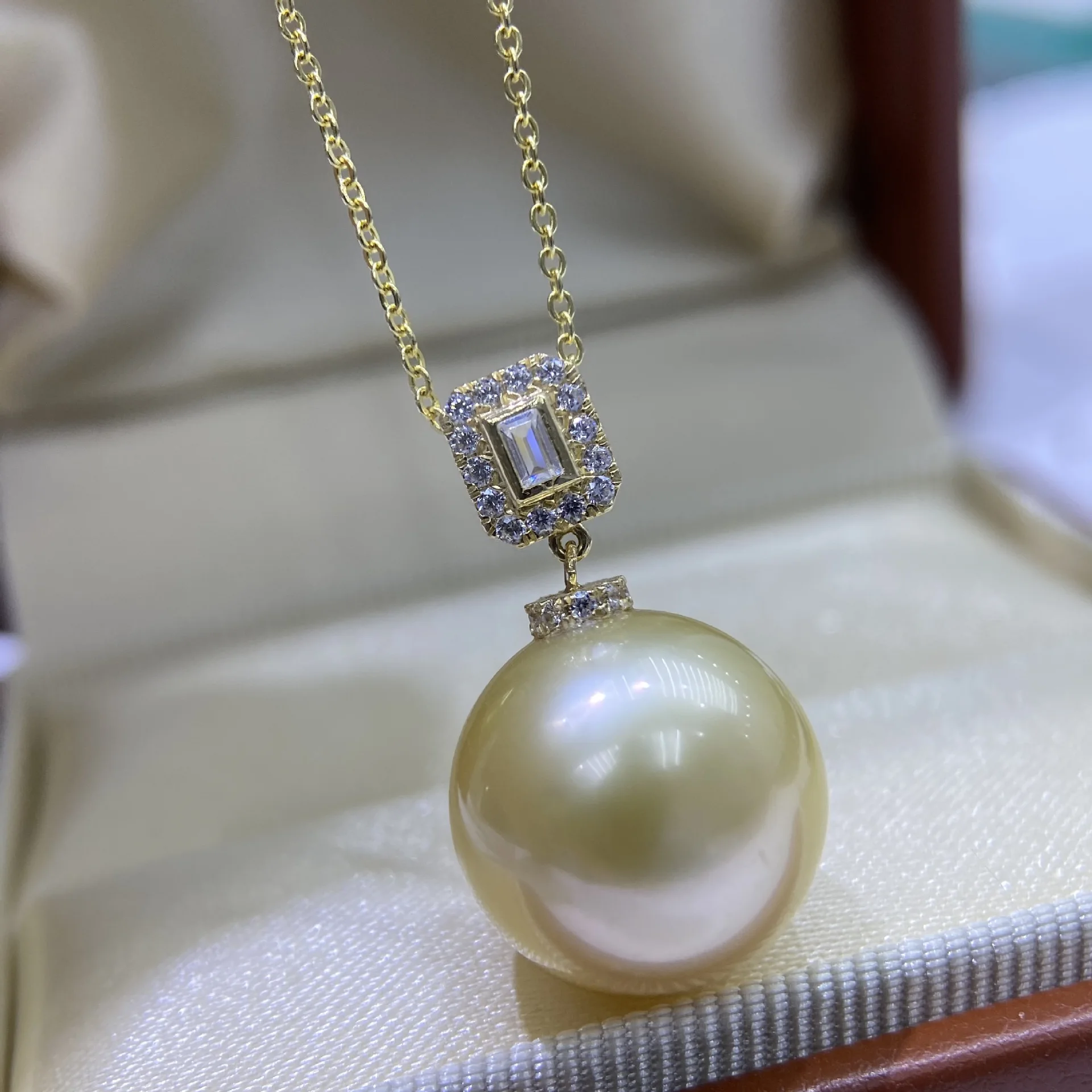 

12-13mm Natural South Sea Golden Pearl Necklace, 18K Pendant Near Round Light Gold Almost Flawless, with 925 Silver Chain Gift