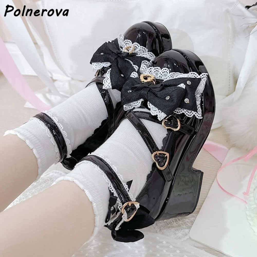 

Lace Butterfly Knot Pumps Heart Buckle Round Toe Shallow Leather Black White Pink Women Shoes Leather Solid Lolita Lovely Shoes