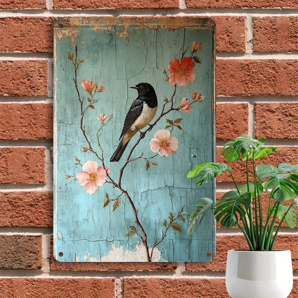 Vintage Bird Flowers Iron Tin Brand Pre Punched Waterproof Weatherproof Wall Art Multipurpose Home  Bar Decor 8x12 Inches