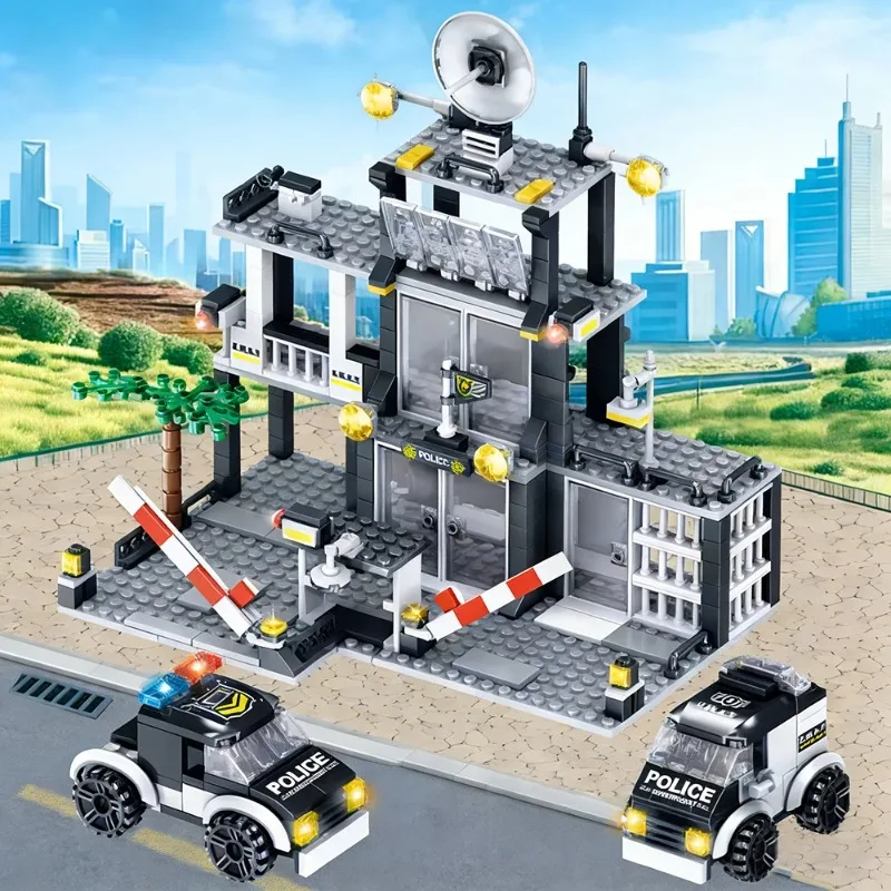 

Police station building blocks, city patrol car police cars, grey building block ornaments, holiday gifts/Christmas gifts
