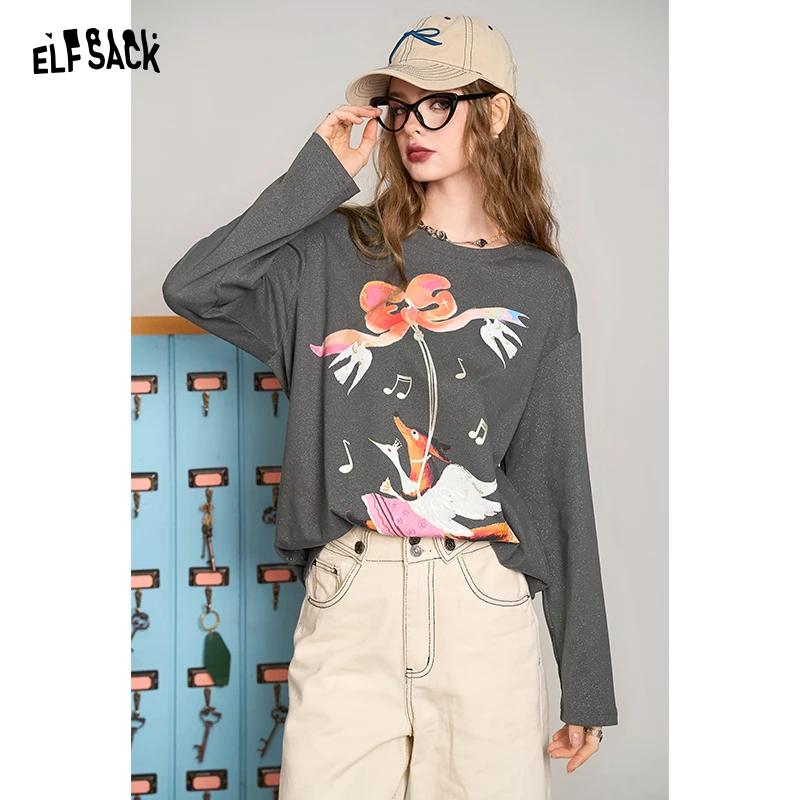 ELFSACK 2024 Autumn New Arrive Dark grey fox print silver loose versatile Korean style long sleeve T-shirt for women