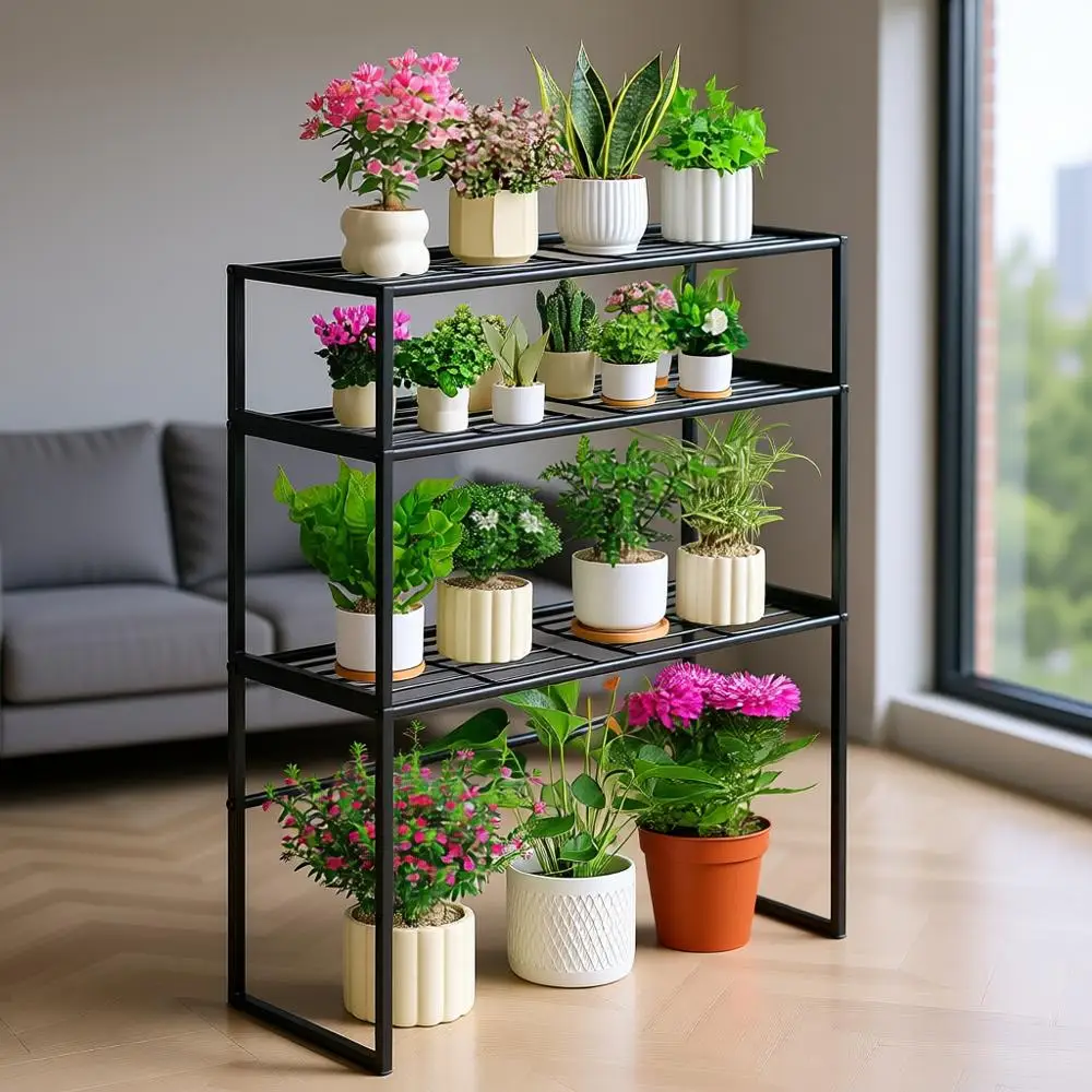 

3-ярусная металлическая подставка для растений для использования в помещении и на улице, прочная подставка для горшков, идеально подходит для декора балкона, патио или гостиной (черная)