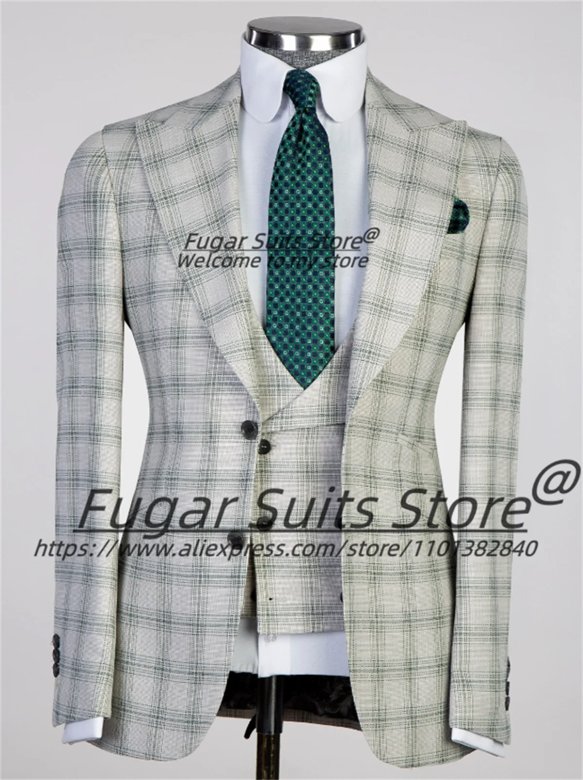 

Business High-qublity Plaid Men Suits Customized Slim Fit Peak Lapel Groom Prom Tuxedos3Pcs Sets Male Formal Blazers Ropa Hombre