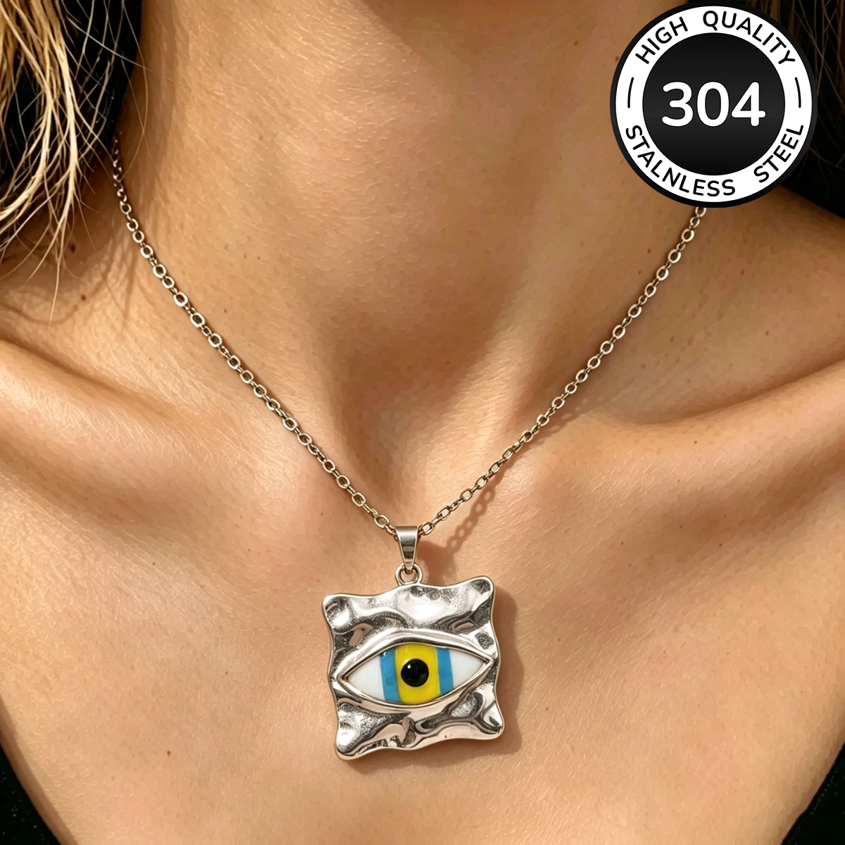 Tocona Fashion Stainless Steel Square Evil Eye Pendant Necklace Niche Temperament Chain Women's Daily Resort Jewelry Accessories