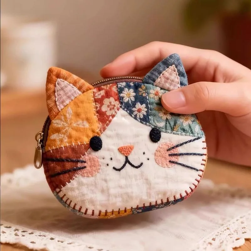 Japanese-Style Color-Blocking Cat Coin Purse, Cute and Stylish Makeup Bag, Student Stationery Storage Bag, with Ruler Set, Cartoon Portable Small Item Organizer, Cosmetics Storage